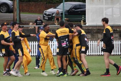 Hayden Mclean's ecstatic teammates hug their hero after hit a six off the last ball to defeat Mosman in UNSW's T20 semi-final, Credit - UNSW Cricket Club.